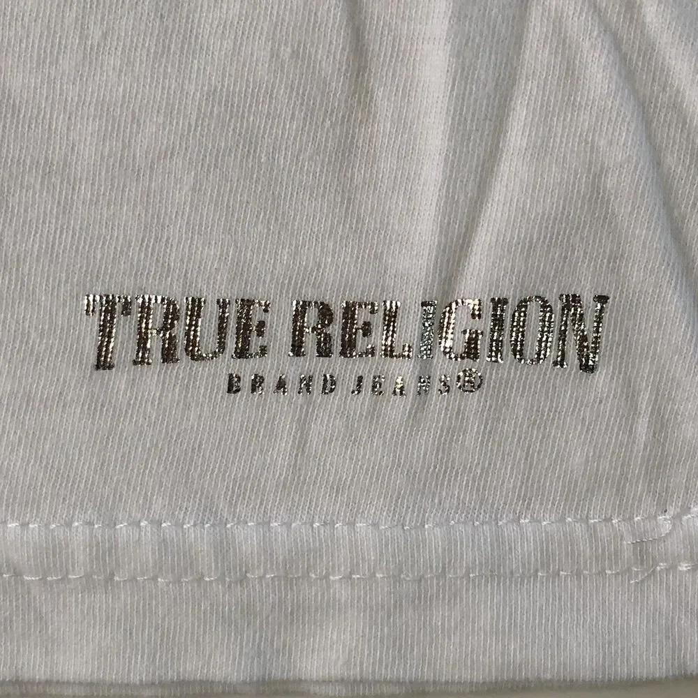 True Religion Brand Jeans T-shirt Silver Metallic Logo White V-neck Size Medium
